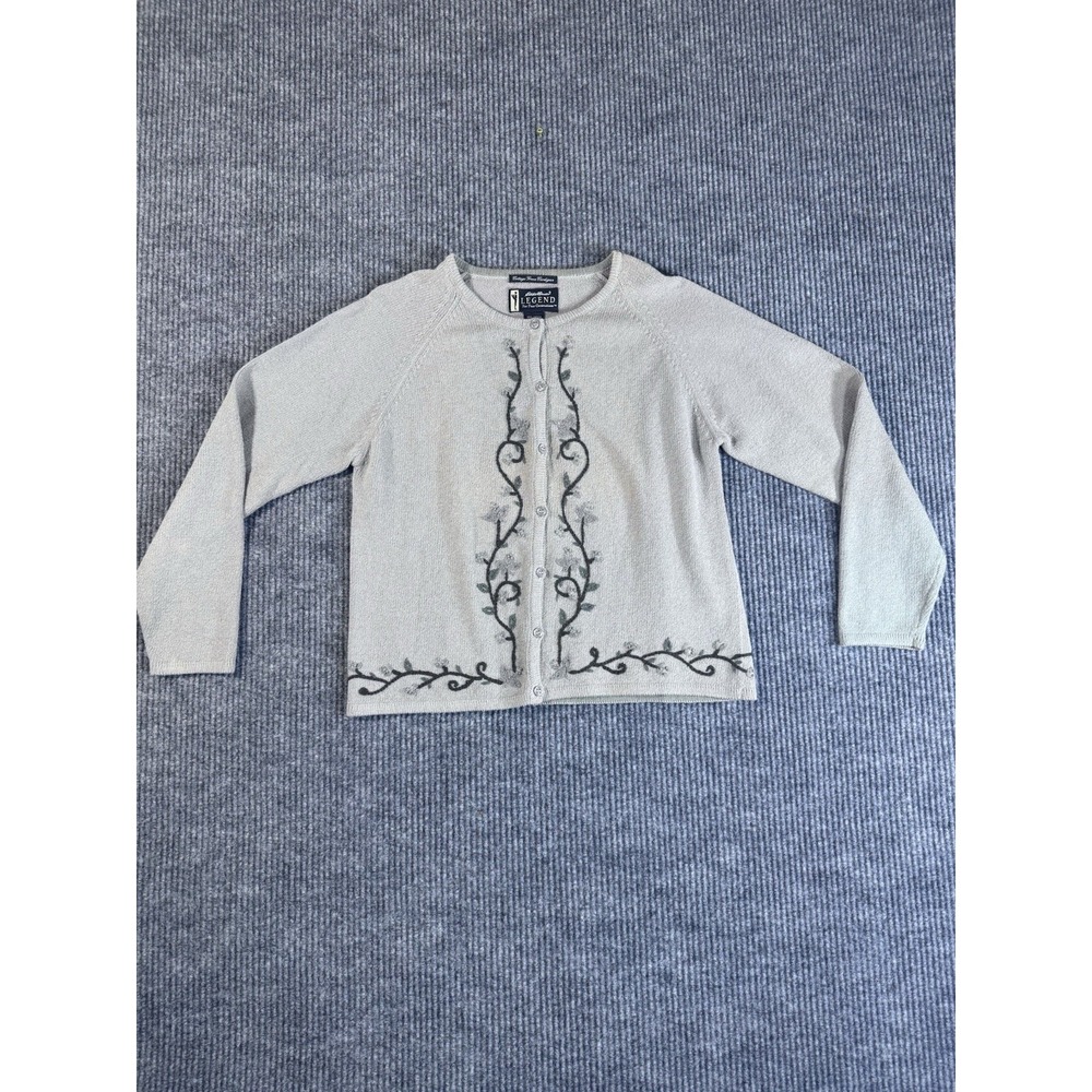 Y2K vintage Eddie Bauer Cardigan Sweater M Gray Floral Embroidered 100% Cotton